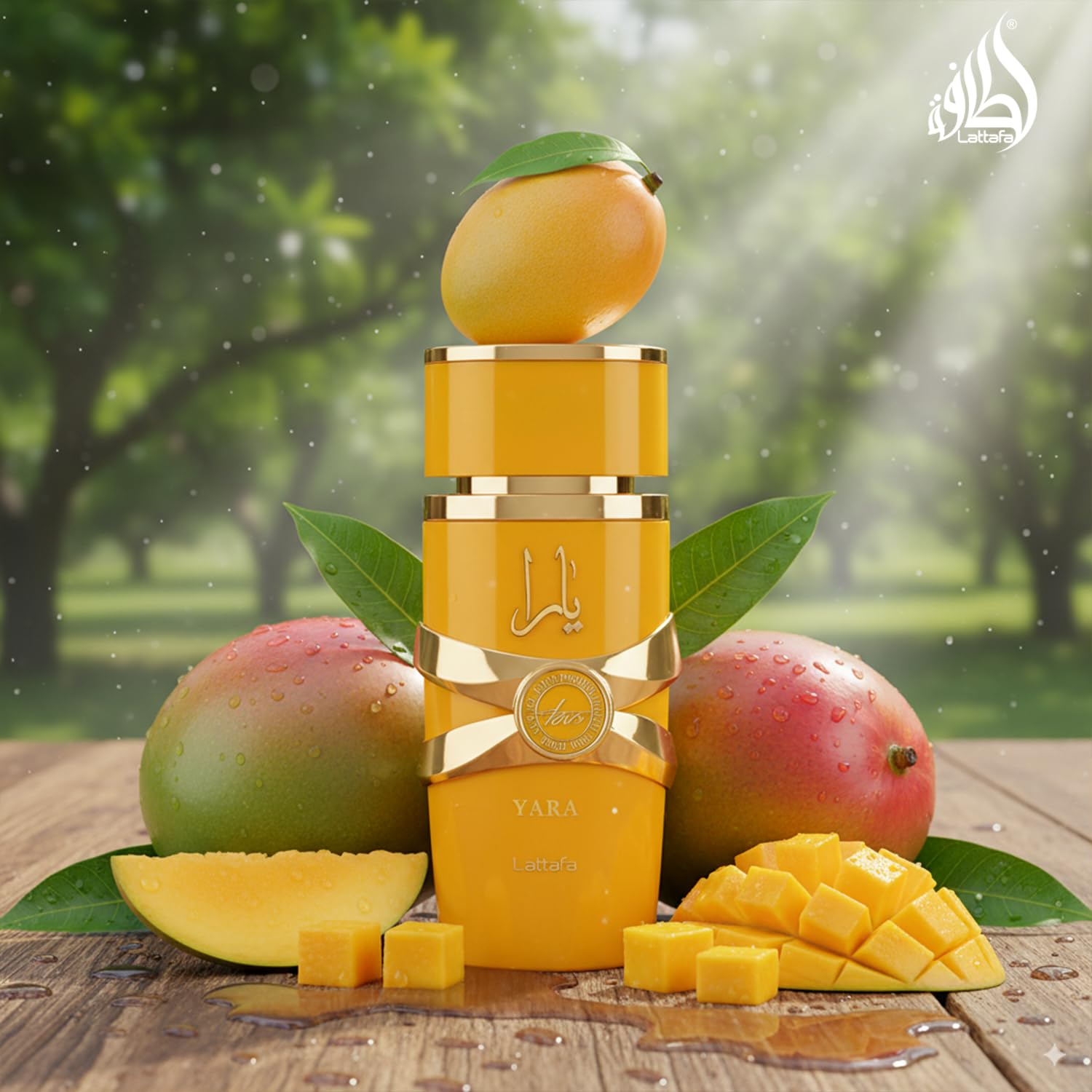 Close-up of luxury yellow Lattafa Yara Tous Eau De Parfum formulation