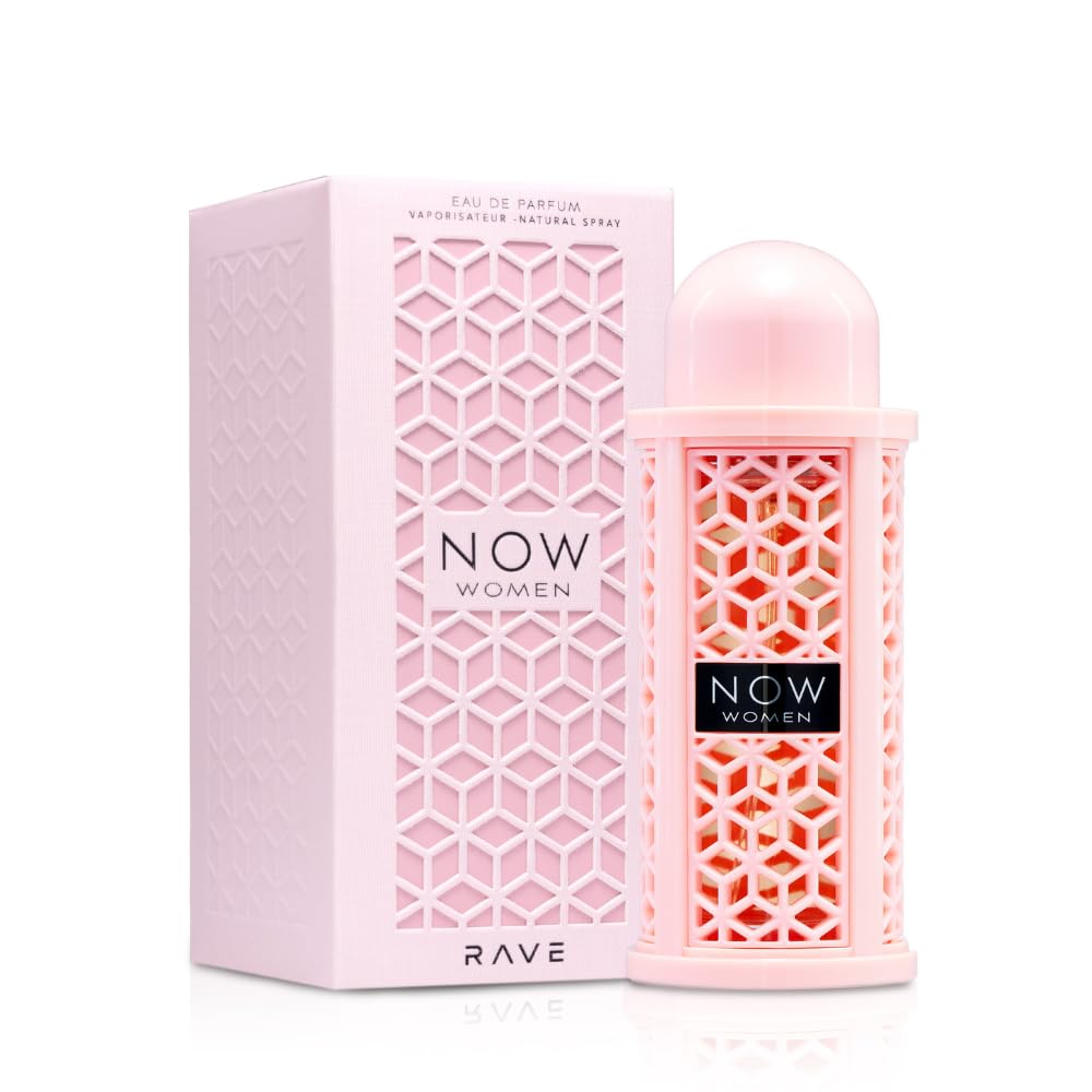 Authentic Lattafa Rave Now Women 100ml Eau de Parfum retail box and imported container angle view.