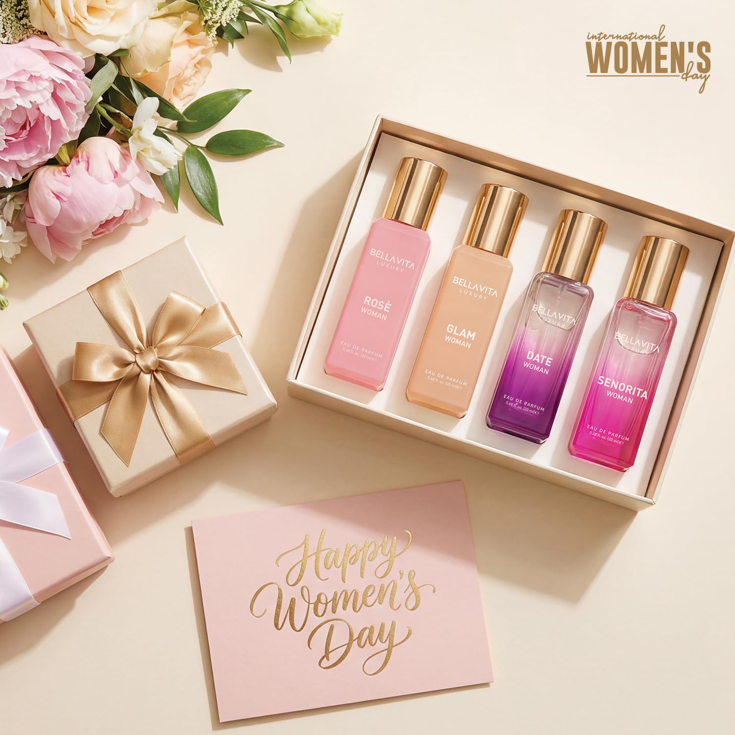 Bella Vita Luxury miniature perfume set containing Date Senorita Glam and Rose variants displayed elegantly