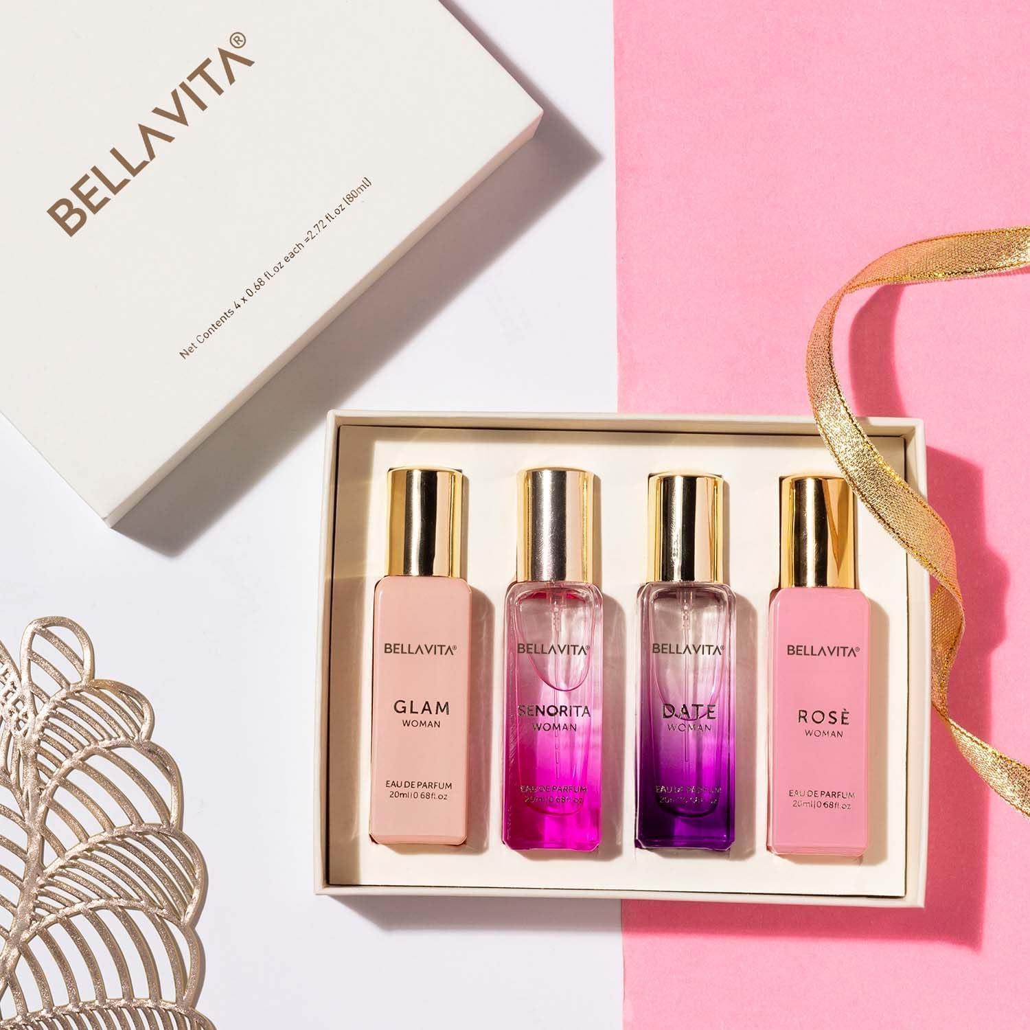 Close up of the four twenty milliliter long lasting Eau De Parfum bottles for women