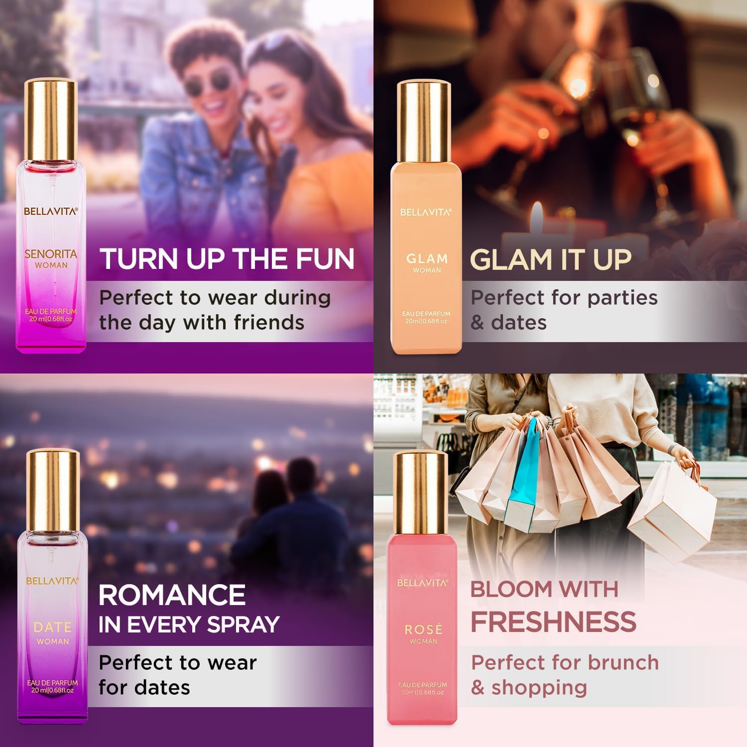 Travel size women's luxury perfume assortment showcasing individual bottle designs