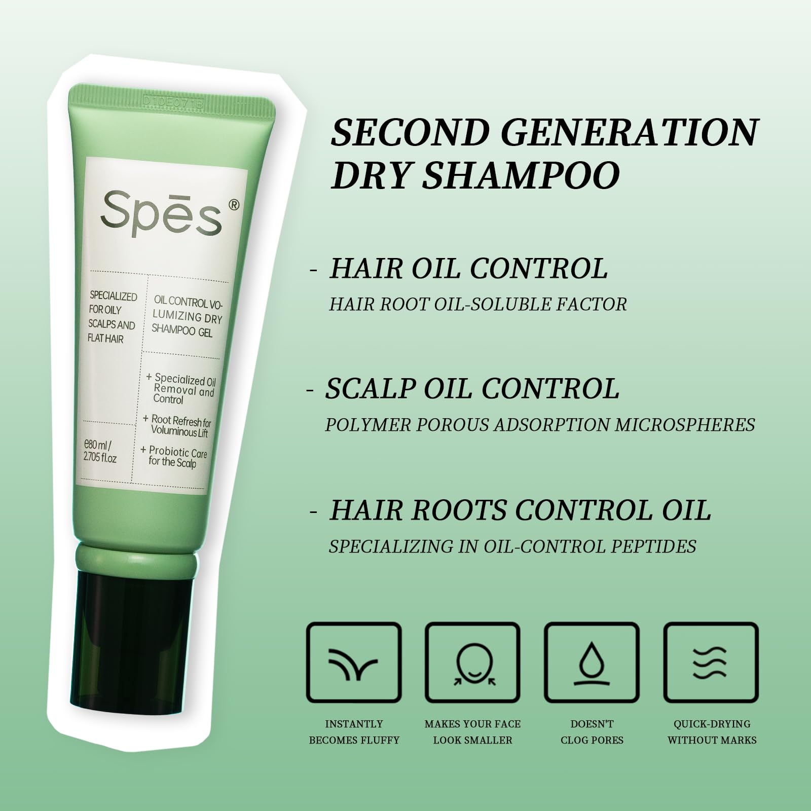 Close up of Spes dry shampoo gel texture and packaging