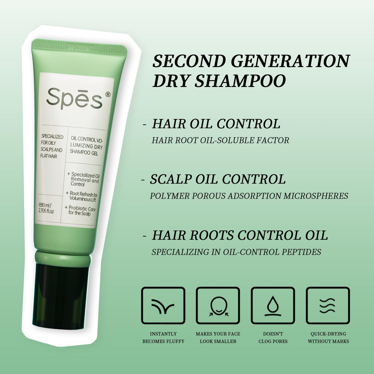 Close up of Spes dry shampoo gel texture and packaging