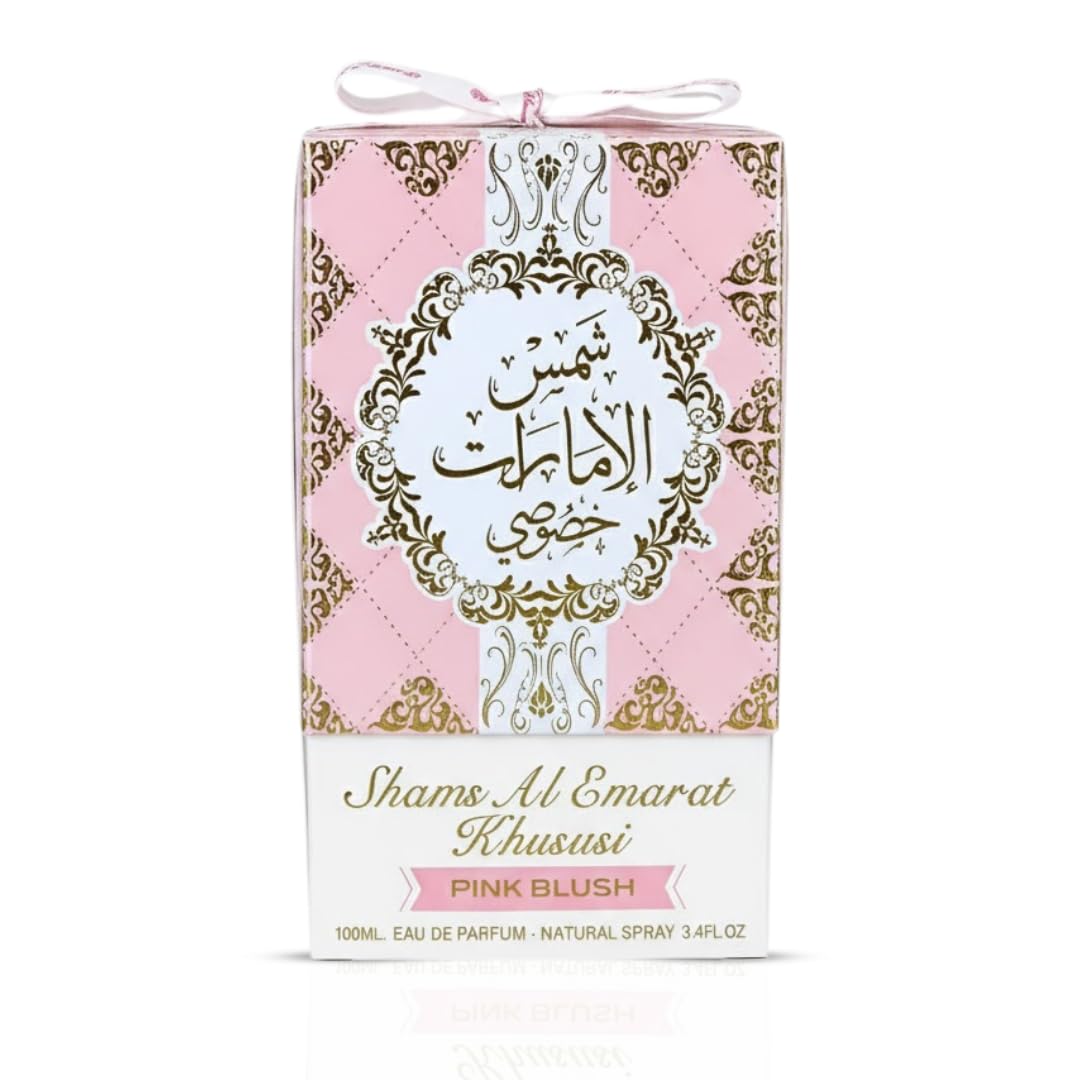 Shams Al Emarat Khususi Pink Blush perfume bottle unboxed on a clean background.