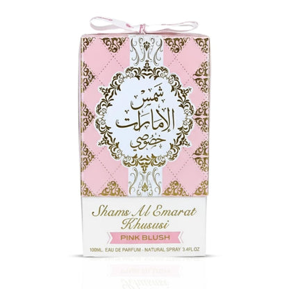 Shams Al Emarat Khususi Pink Blush perfume bottle unboxed on a clean background.