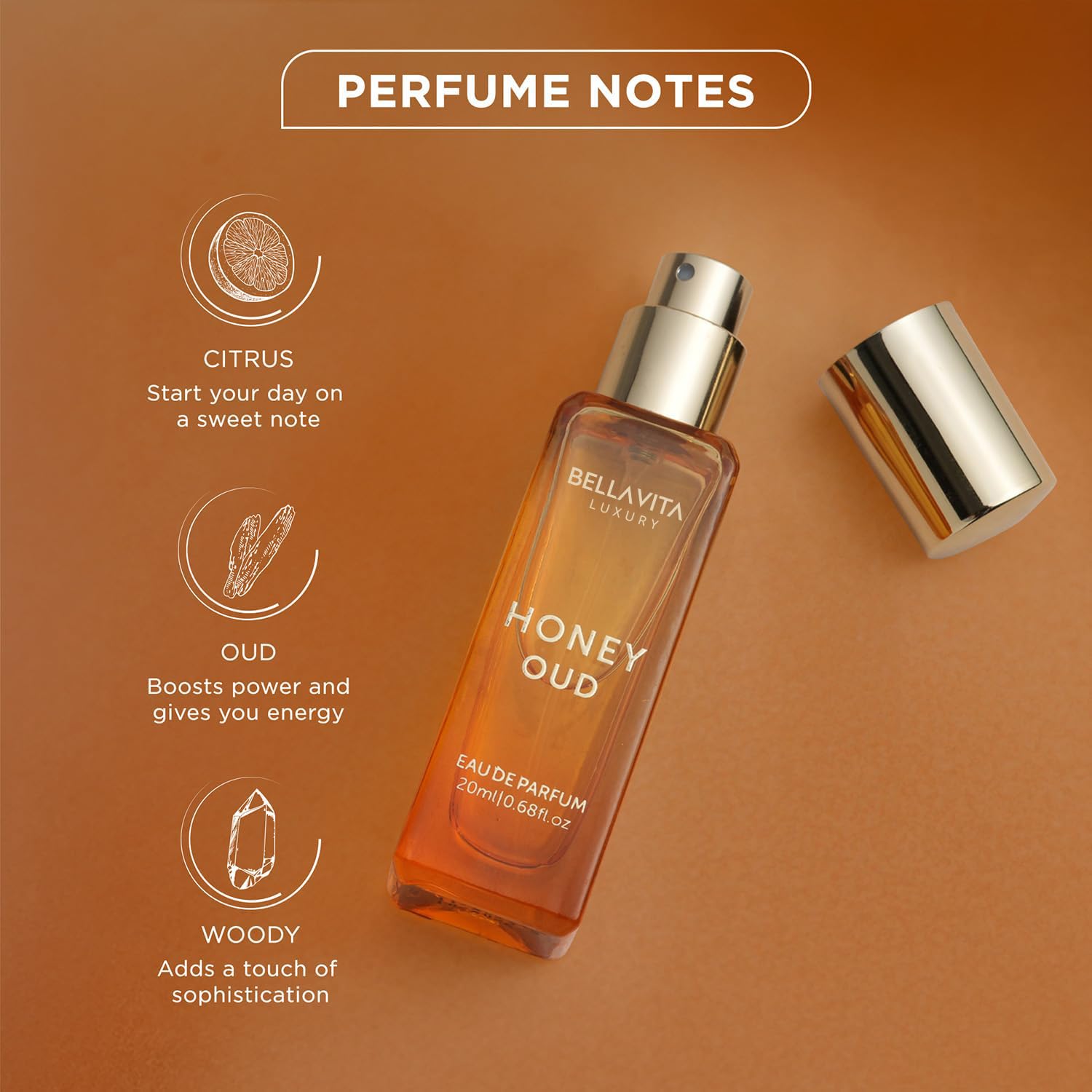Bella Vita Luxury Honey Oud travel perfume bottle displaying liquid level