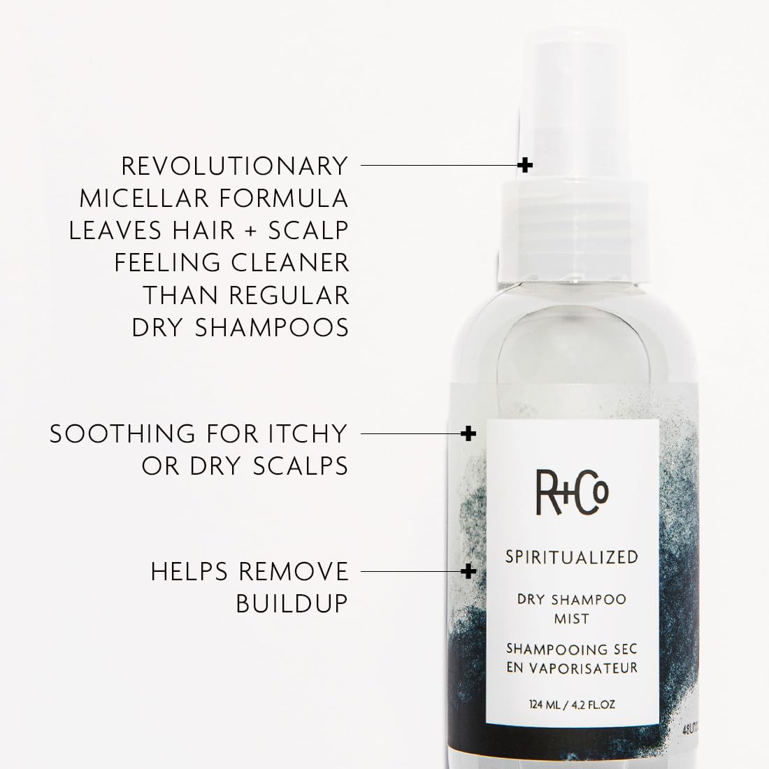 R+Co micellar formula dry shampoo mist bottle showcasing the clear pump dispenser cap