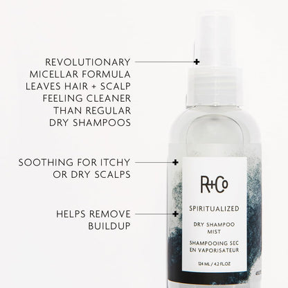 R+Co micellar formula dry shampoo mist bottle showcasing the clear pump dispenser cap