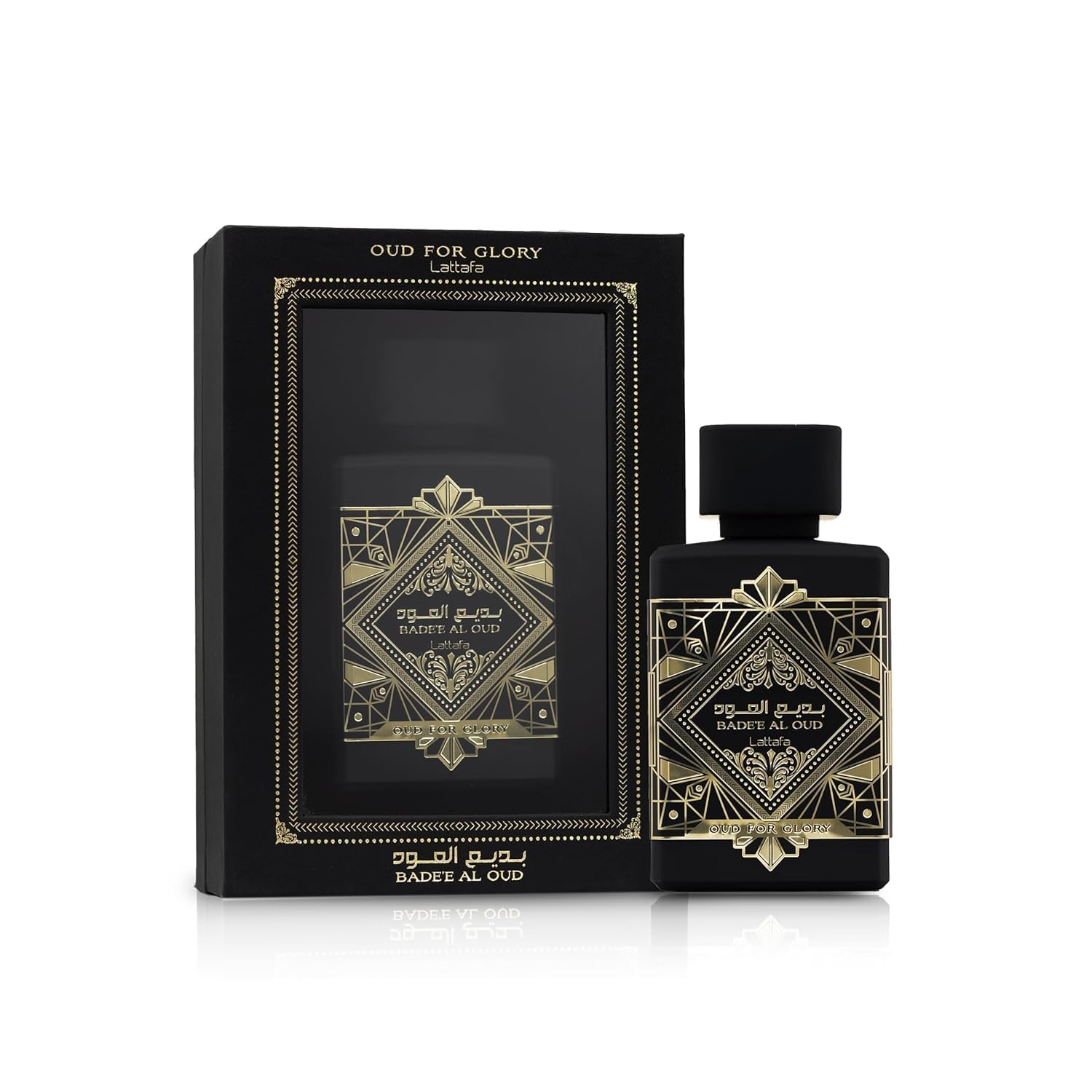 Authentic Lattafa Badee Al Oud three point four ounce bottle displaying intricate gold calligraphy detailing