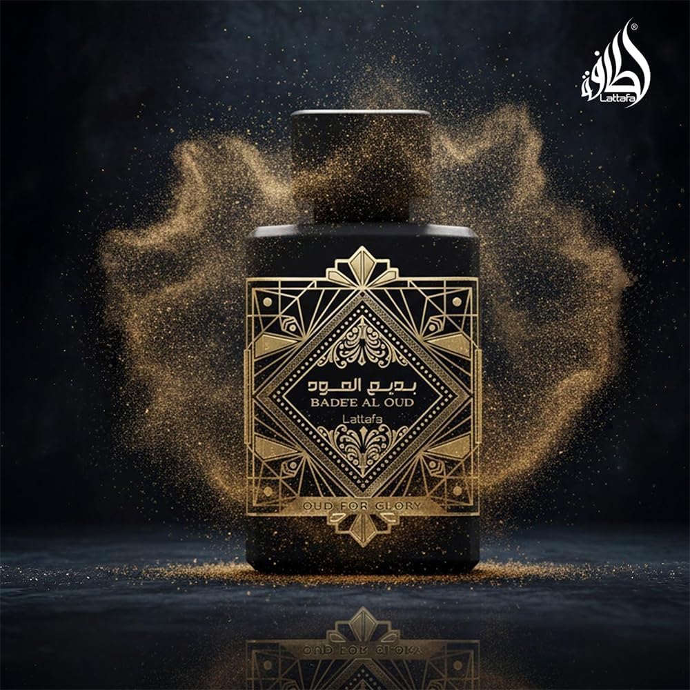 Imported Lattafa Badee Al Oud fragrance bottle showcasing the authentic batch code on the base packaging