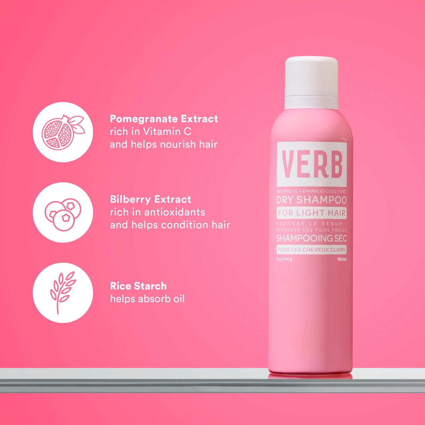 Close up of Verb Dry Shampoo Light 5 Ounce packaging