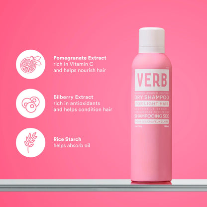 Close up of Verb Dry Shampoo Light 5 Ounce packaging