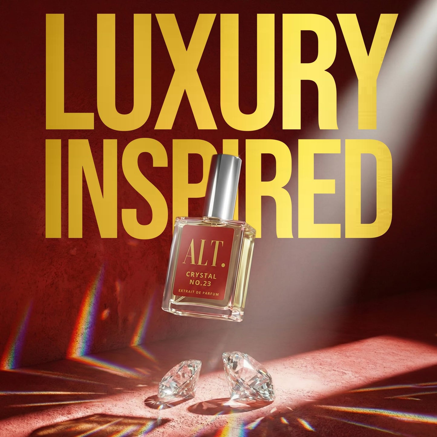 ALT. FRAGRANCES Crystal Number 23 unisex luxury perfume bottle placed on an aesthetic vanity setup.