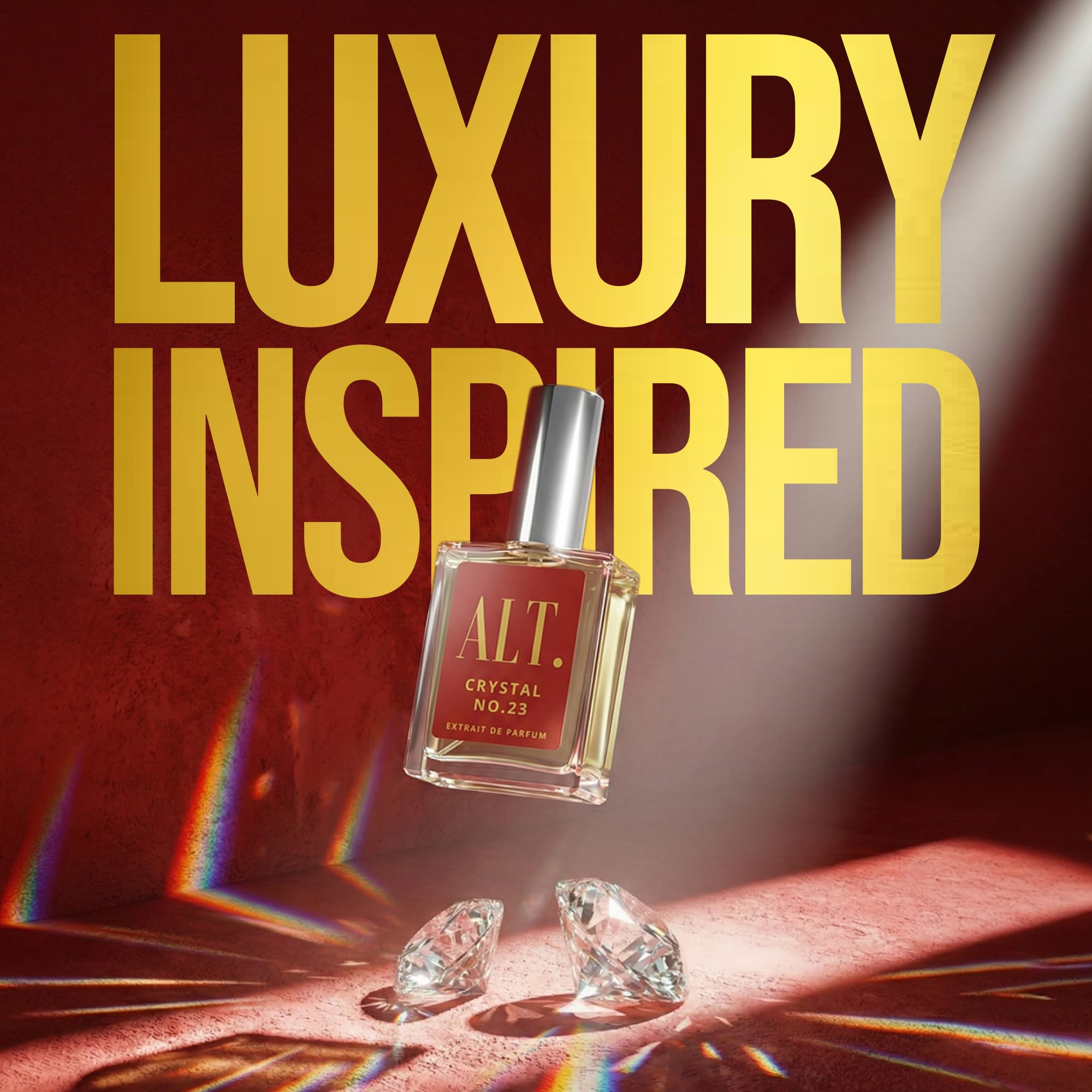 ALT. FRAGRANCES Crystal Number 23 unisex luxury perfume bottle placed on an aesthetic vanity setup.