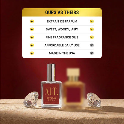 Side profile of ALT. FRAGRANCES Crystal Number 23 showing liquid clarity and premium cap design.