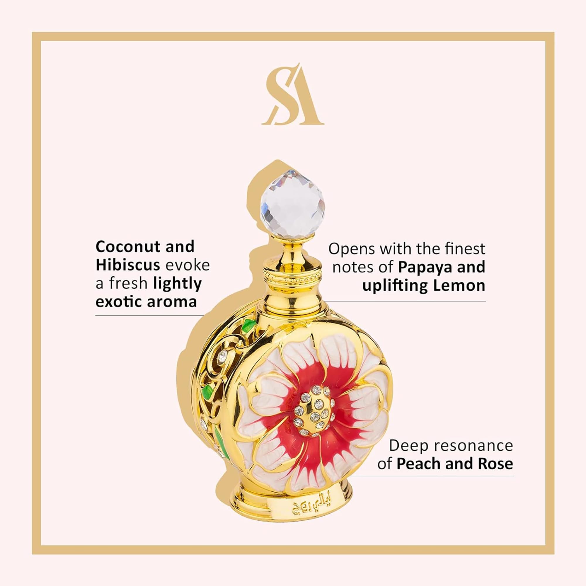 Swiss Arabian Layali Rouge 0.5 Ounce perfume oil bottle with its crystal top applicator removed to display the glass stick.