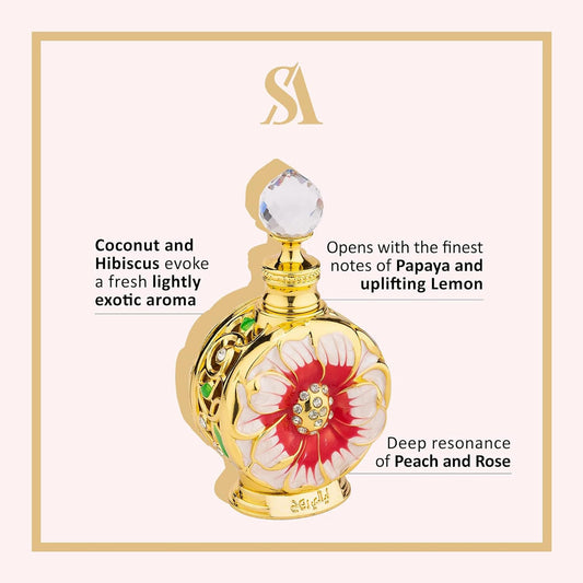 Swiss Arabian Layali Rouge 0.5 Ounce perfume oil bottle with its crystal top applicator removed to display the glass stick.