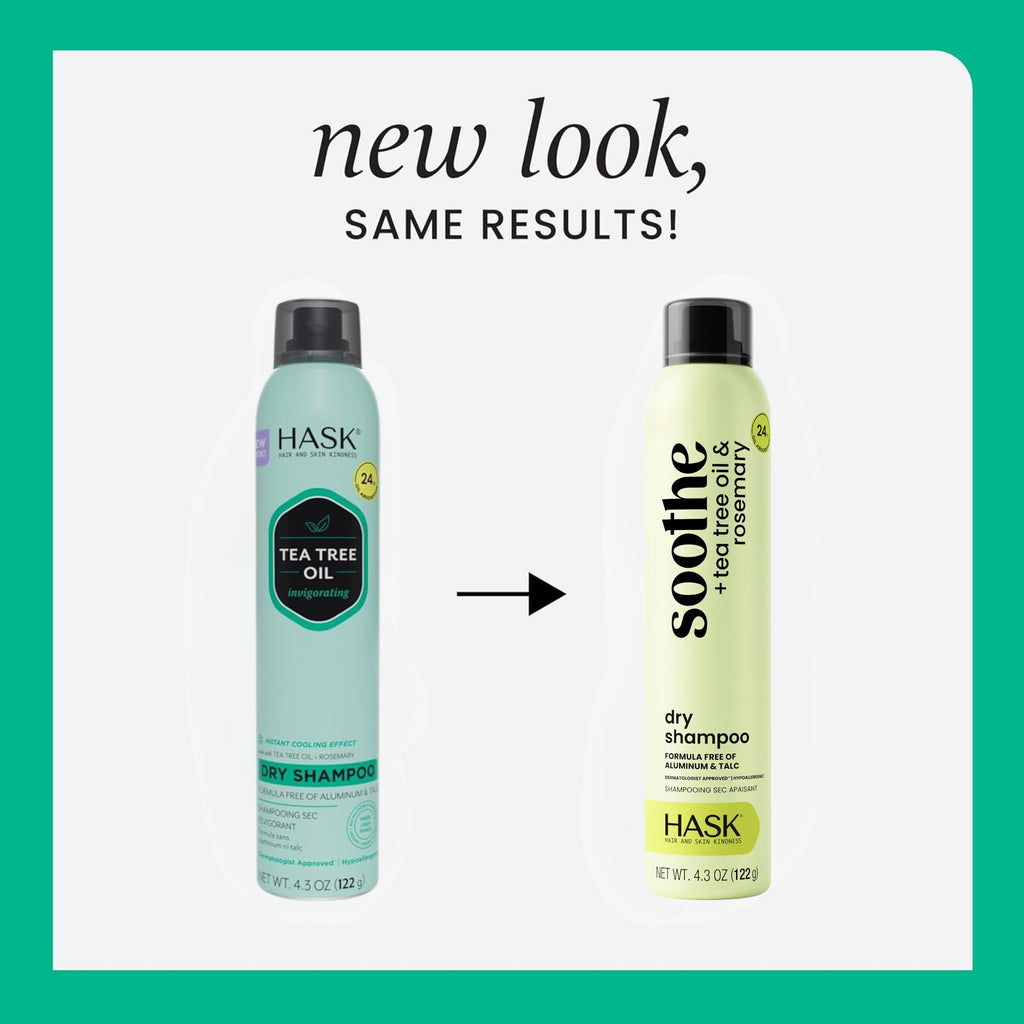 HASK Tea Tree Dry Shampoo bottle showing tea tree and rosemary oil ingredients