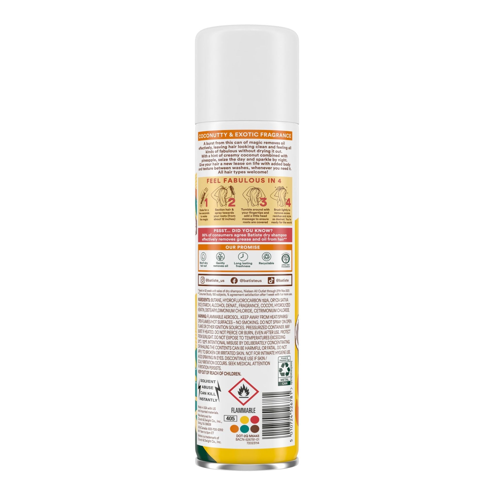Waterless hair refresh spray by Batiste featuring coconut and exotic jasmine fragrance notes.