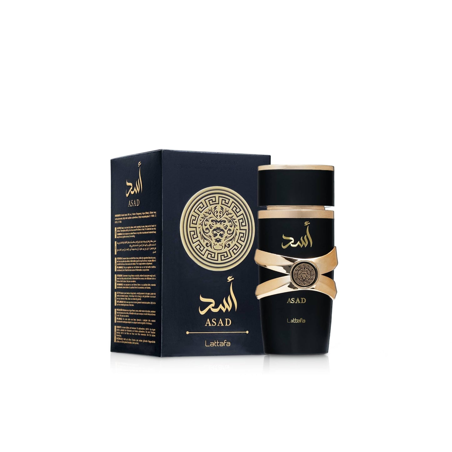Lattafa Asad 100ml premium Arabic unisex fragrance packaging and bottle detail