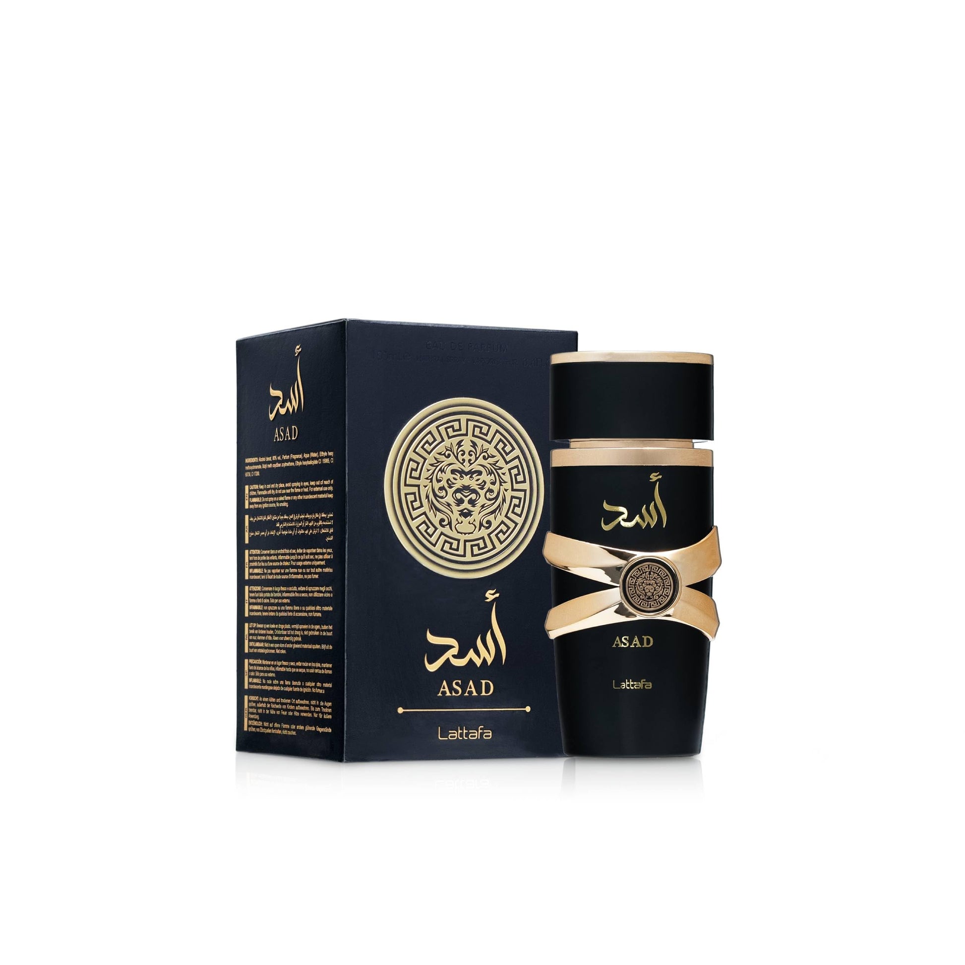 Lattafa Asad 100ml premium Arabic unisex fragrance packaging and bottle detail