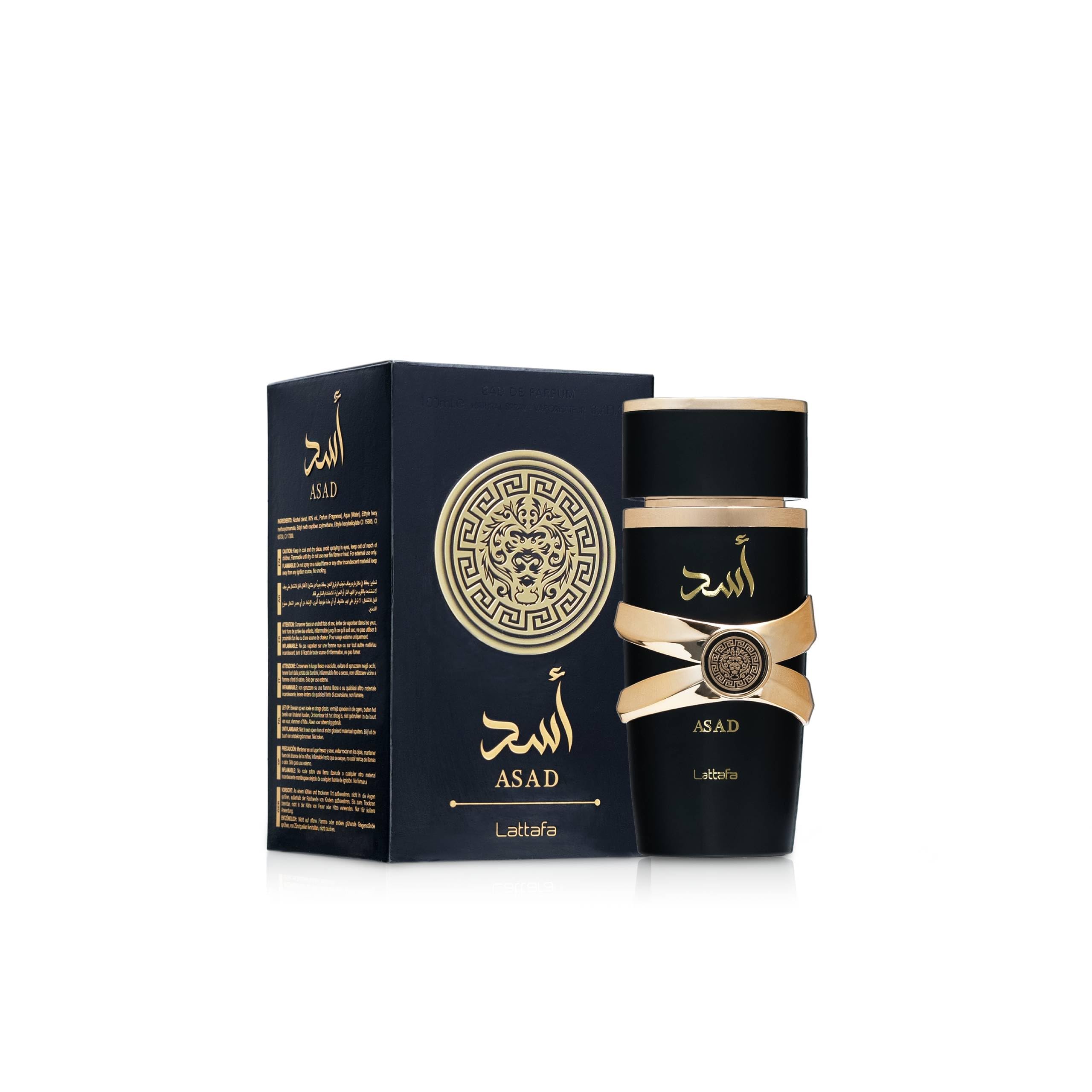 Lattafa Asad 100ml premium Arabic unisex fragrance packaging and bottle detail
