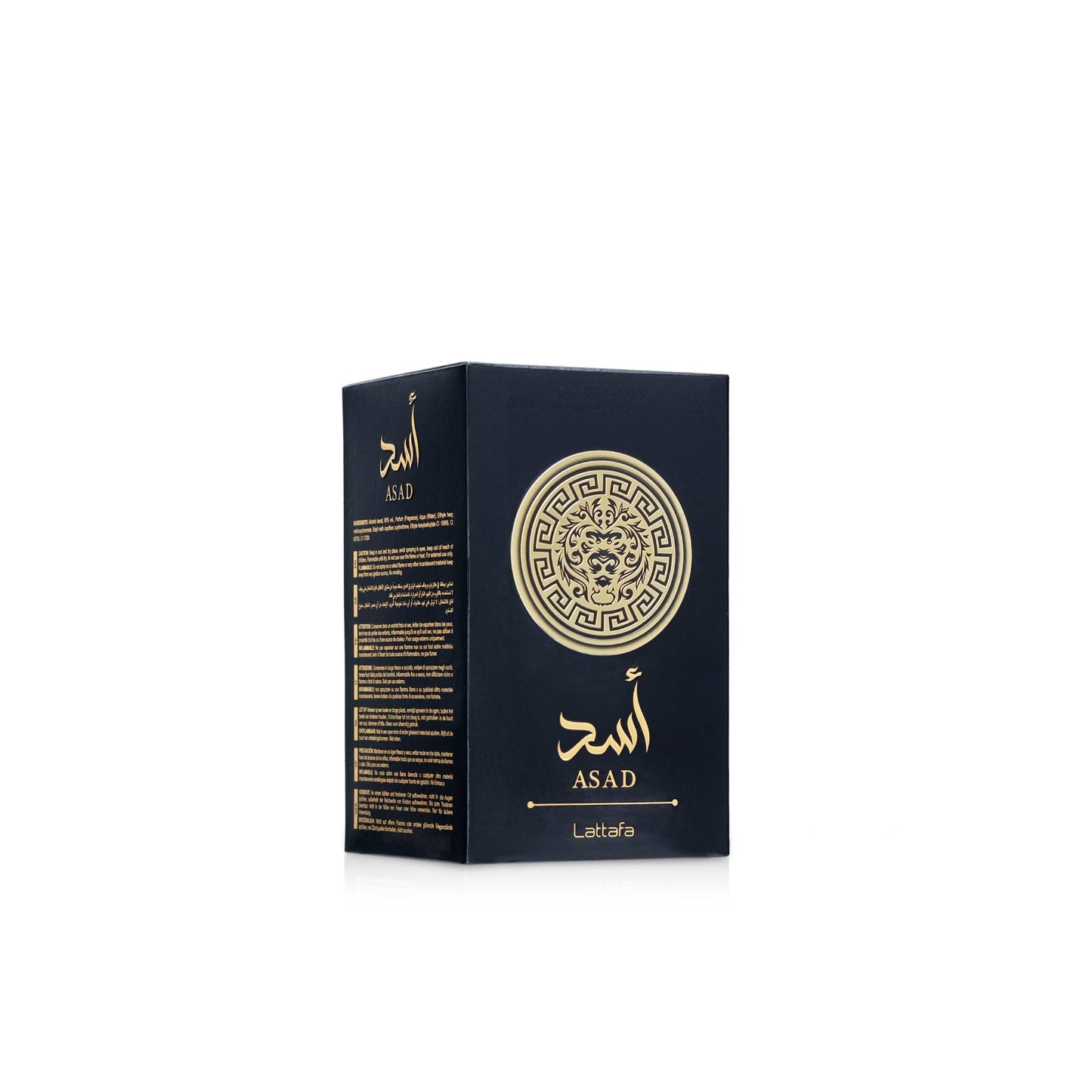 Authentic Lattafa Asad 3.4 Ounce perfume showing unique bottle design elements