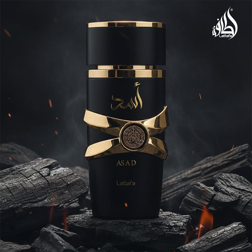 Premium luxury fragrance spray Lattafa Asad displaying official brand labels