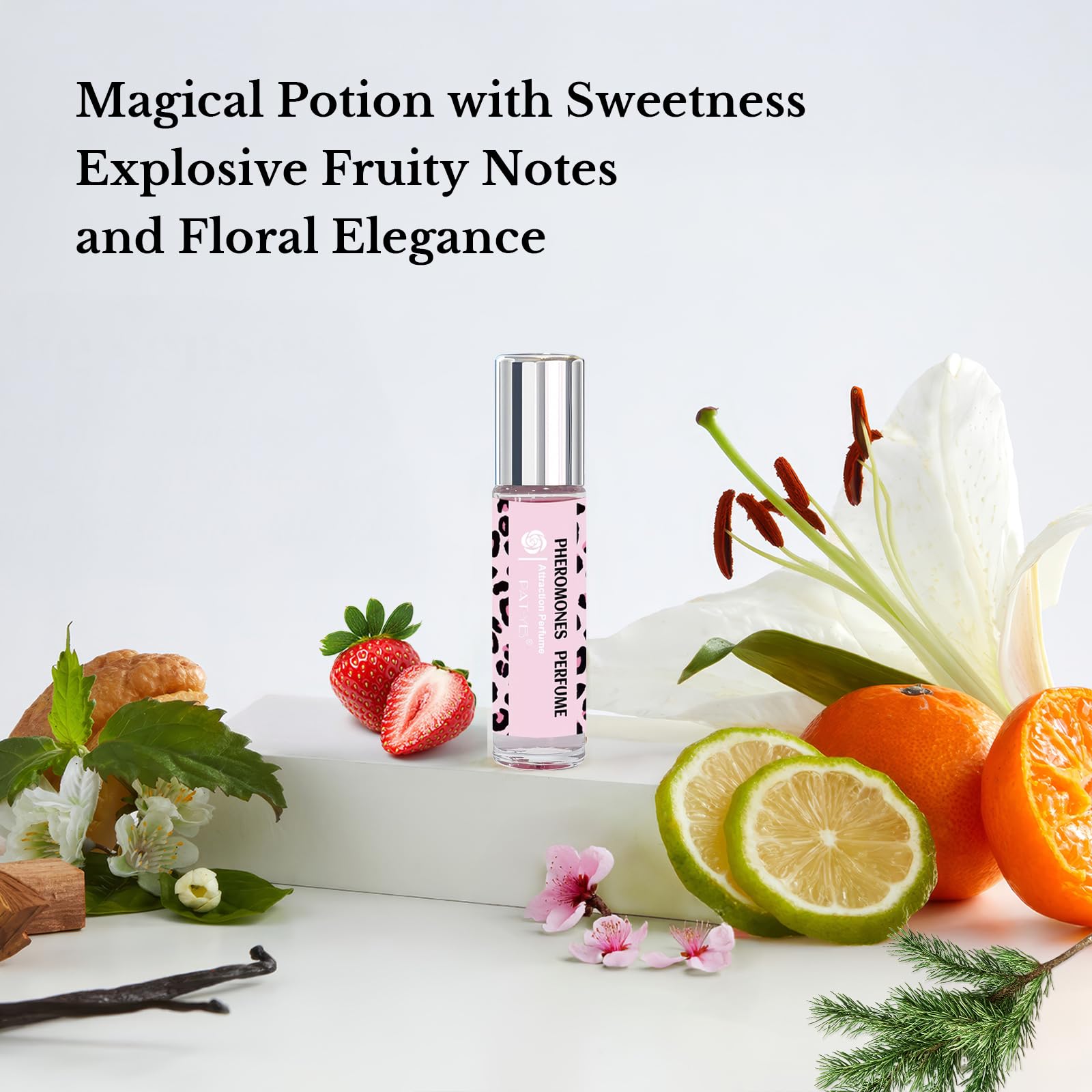 Close up of PAT-YES floral and fruity notes formulation bottle on a clean background.