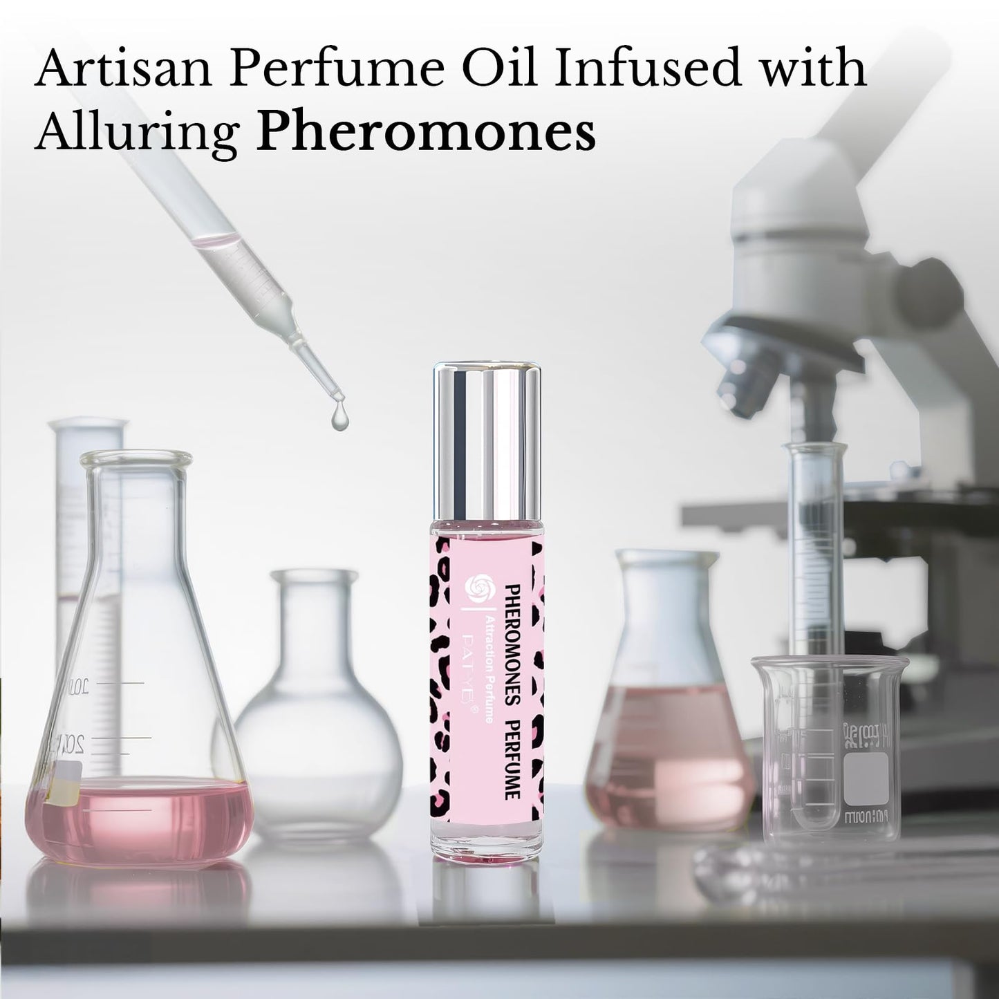 PAT-YES premium pheromones concentrated perfume oil showing the pink leopard exterior graphic design.