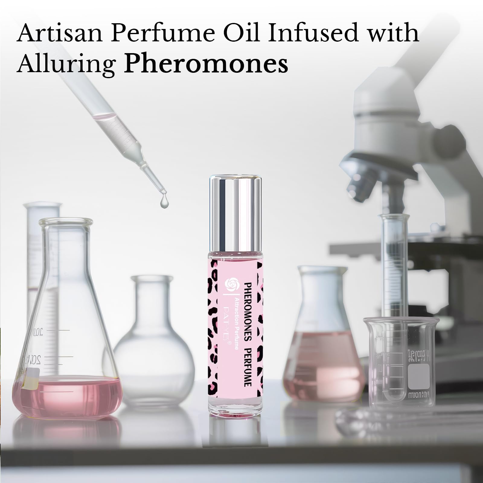 PAT-YES premium pheromones concentrated perfume oil showing the pink leopard exterior graphic design.