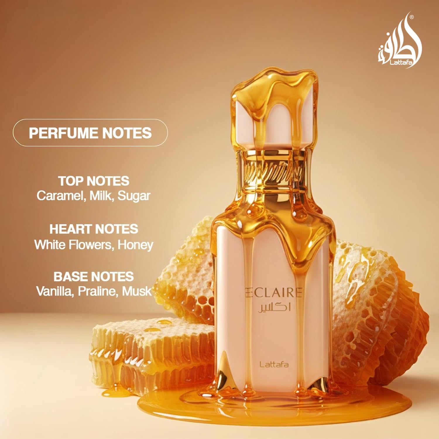 Close up of the elegant packaging box and bottle of Lattafa Eclaire sweet gourmand fragrance