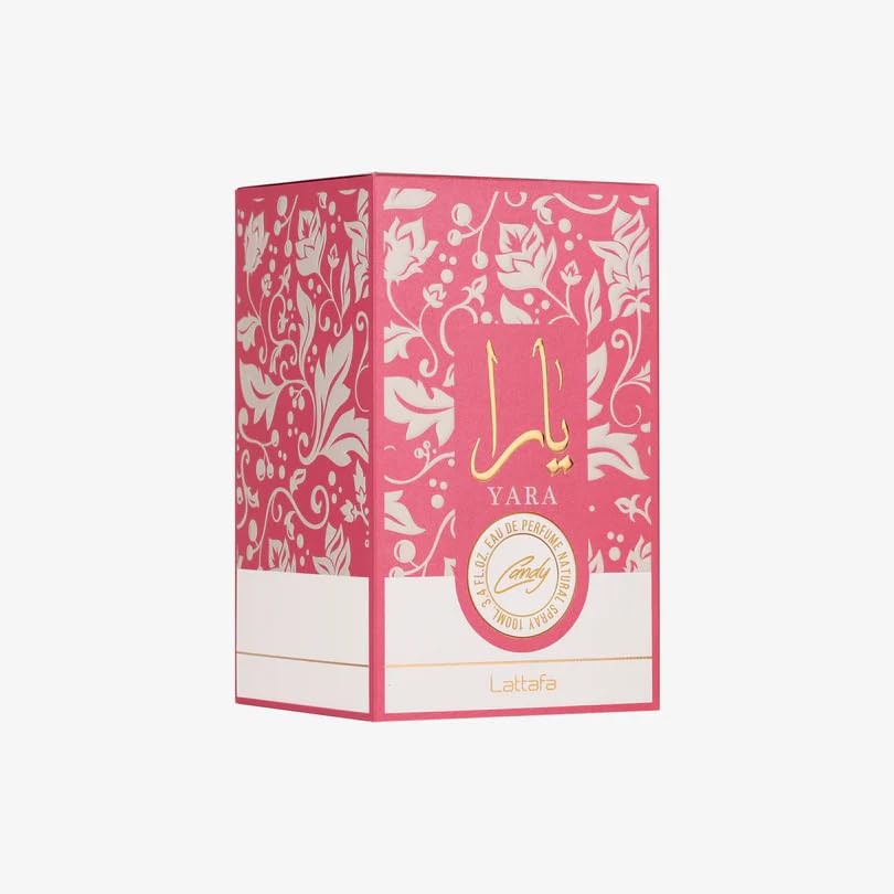 Lattafa Yara Candy women perfume bottle with gold accents