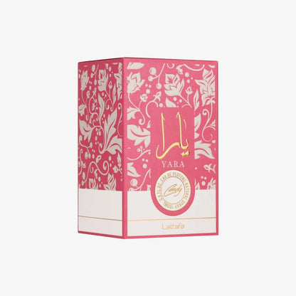 Lattafa Yara Candy women perfume bottle with gold accents