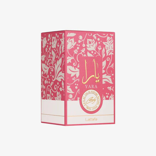 Lattafa Yara Candy women perfume bottle with gold accents