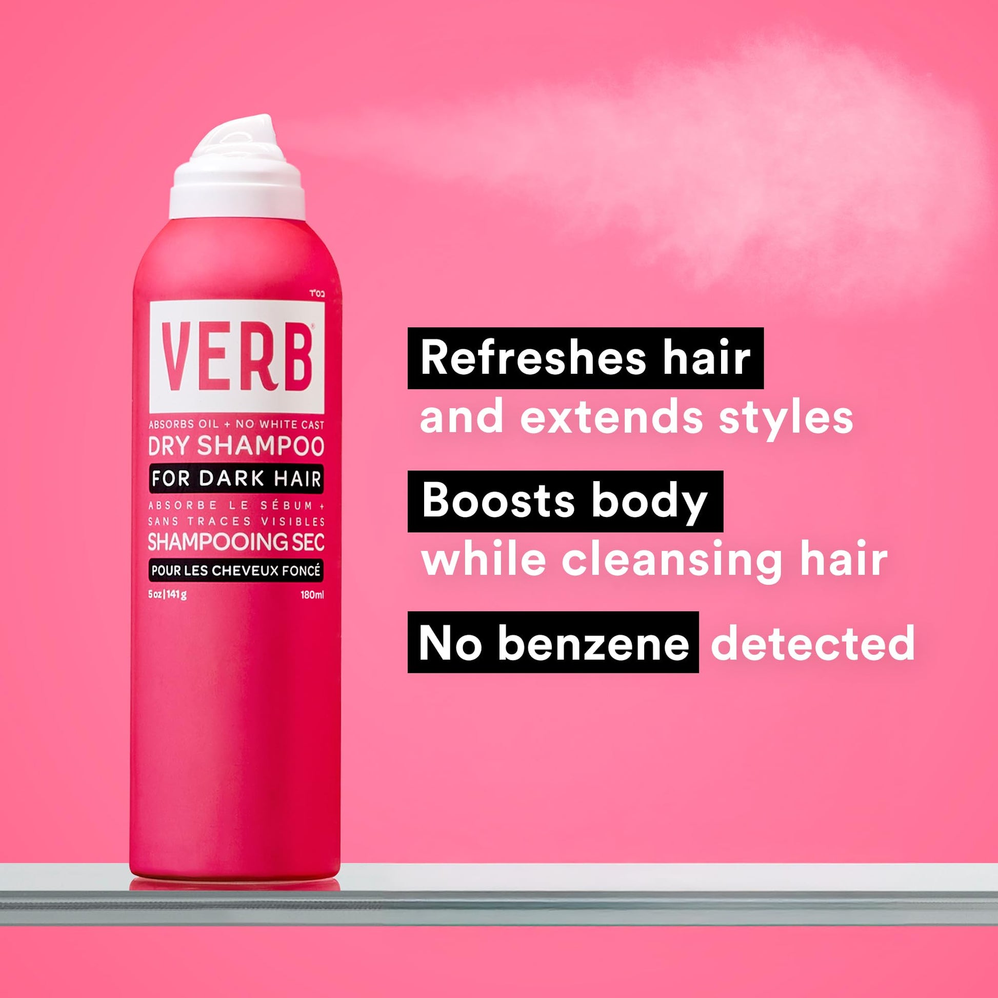Close up of Verb Dry Shampoo Dark branding and spray nozzle