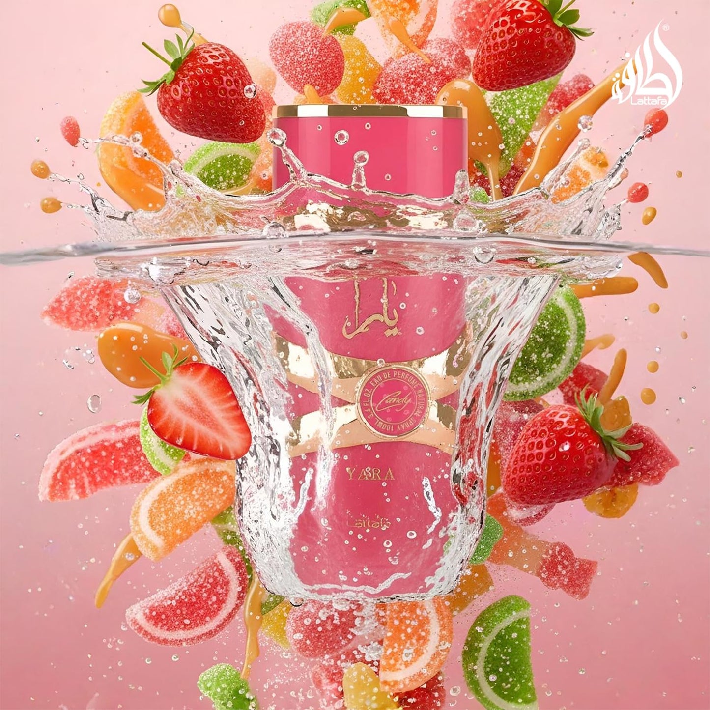 Premium pink Lattafa Yara Candy perfume bottle close up