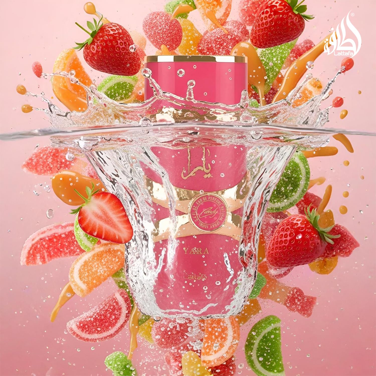 Premium pink Lattafa Yara Candy perfume bottle close up