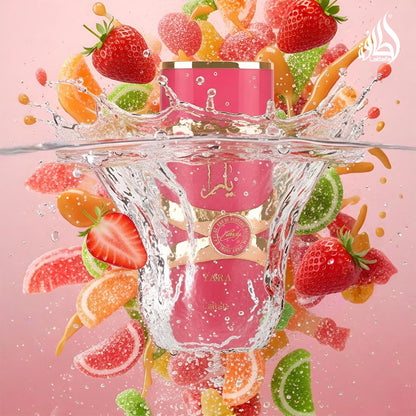 Premium pink Lattafa Yara Candy perfume bottle close up