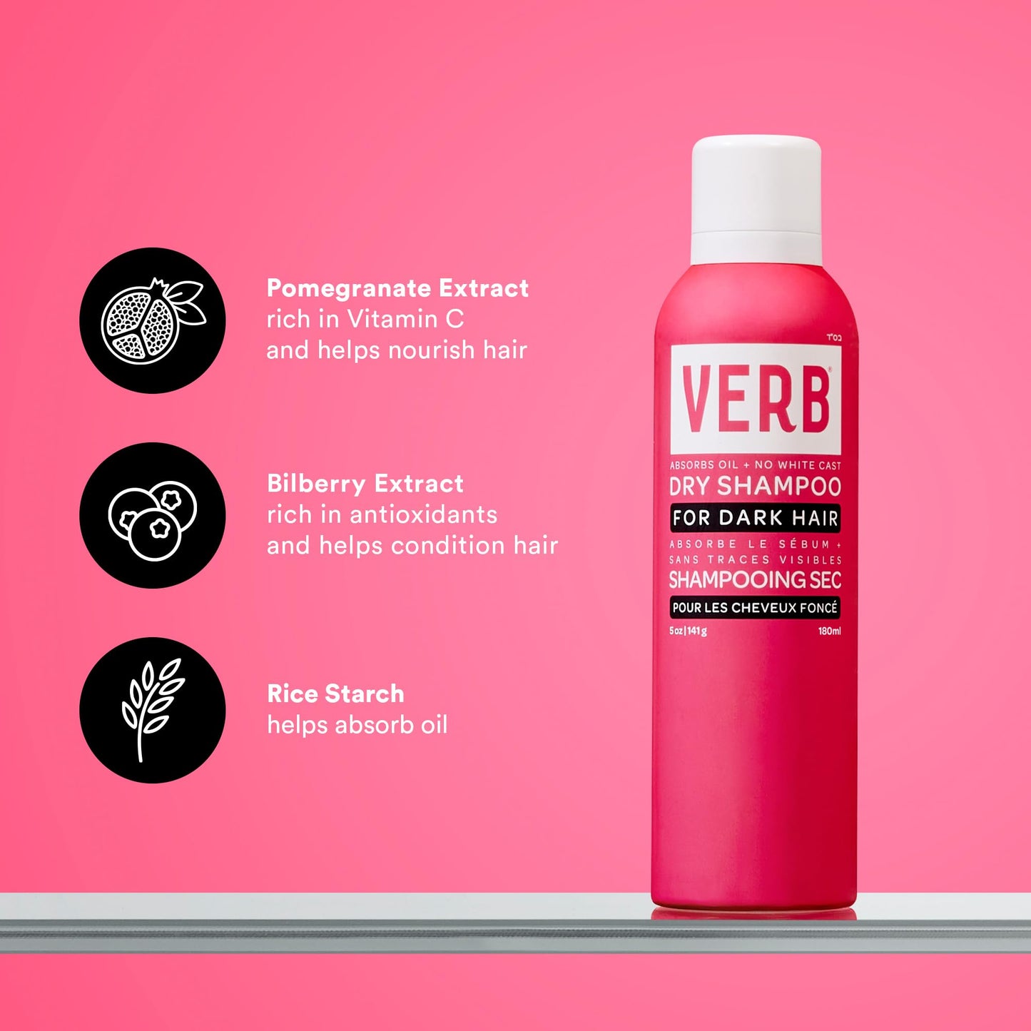 Back of Verb Dry Shampoo Dark packaging showing usage instructions
