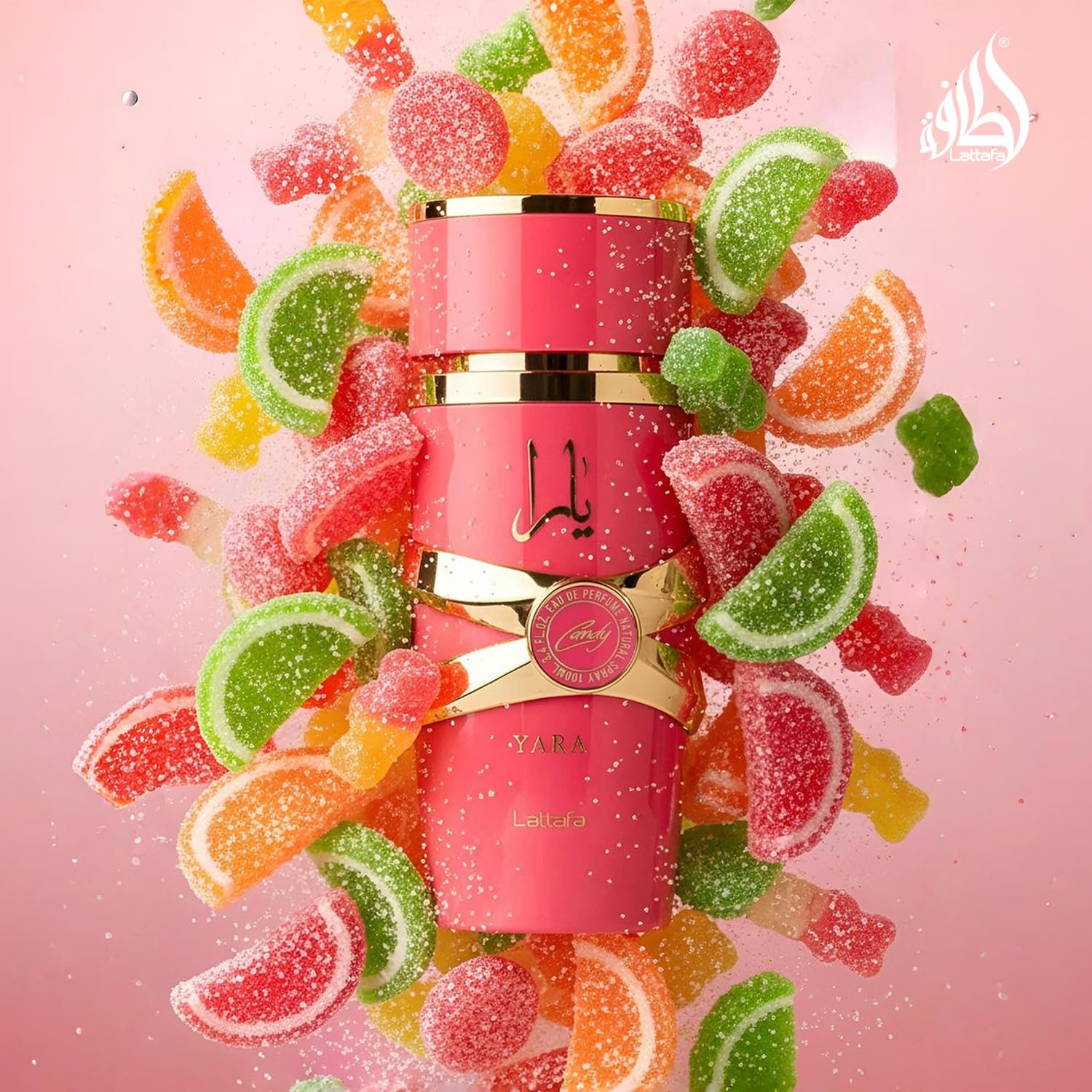 Lattafa Yara Candy strawberry fizz and vanilla notes display