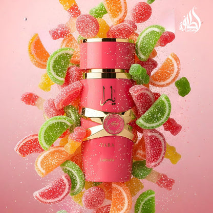 Lattafa Yara Candy strawberry fizz and vanilla notes display