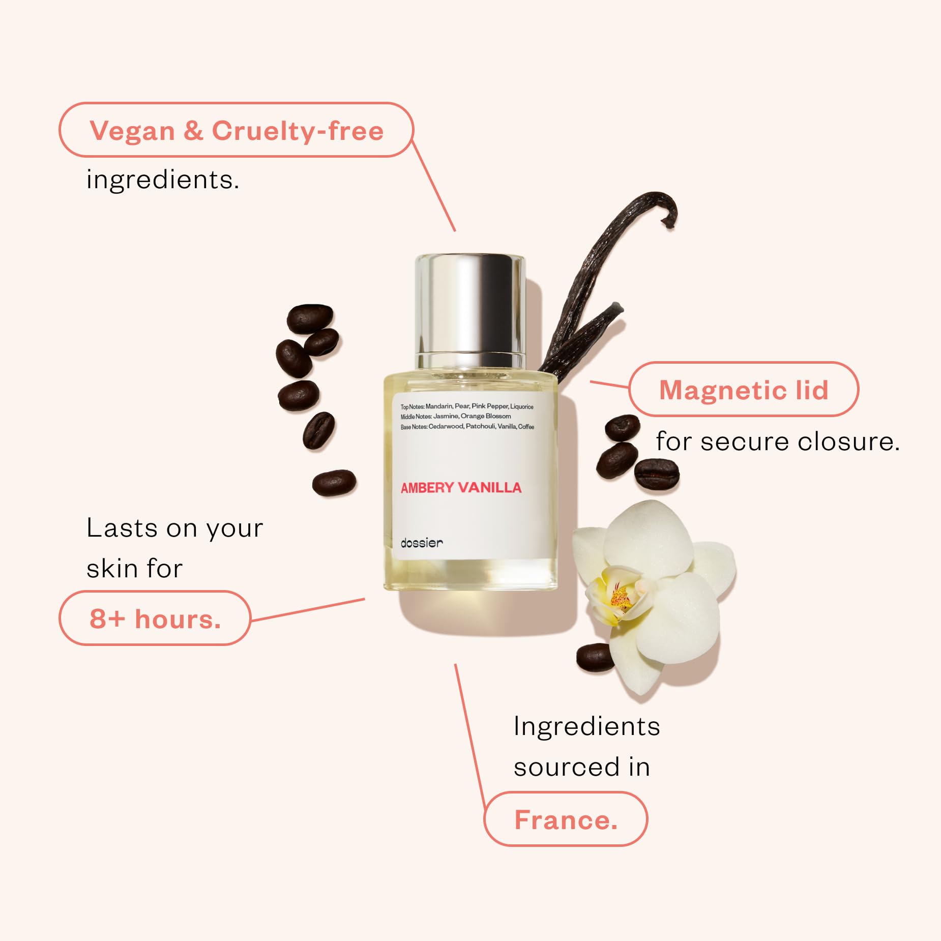 Dossier Ambery Vanilla feminine fragrance spray nozzle and clean glass packaging close up