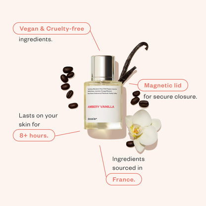 Dossier Ambery Vanilla feminine fragrance spray nozzle and clean glass packaging close up