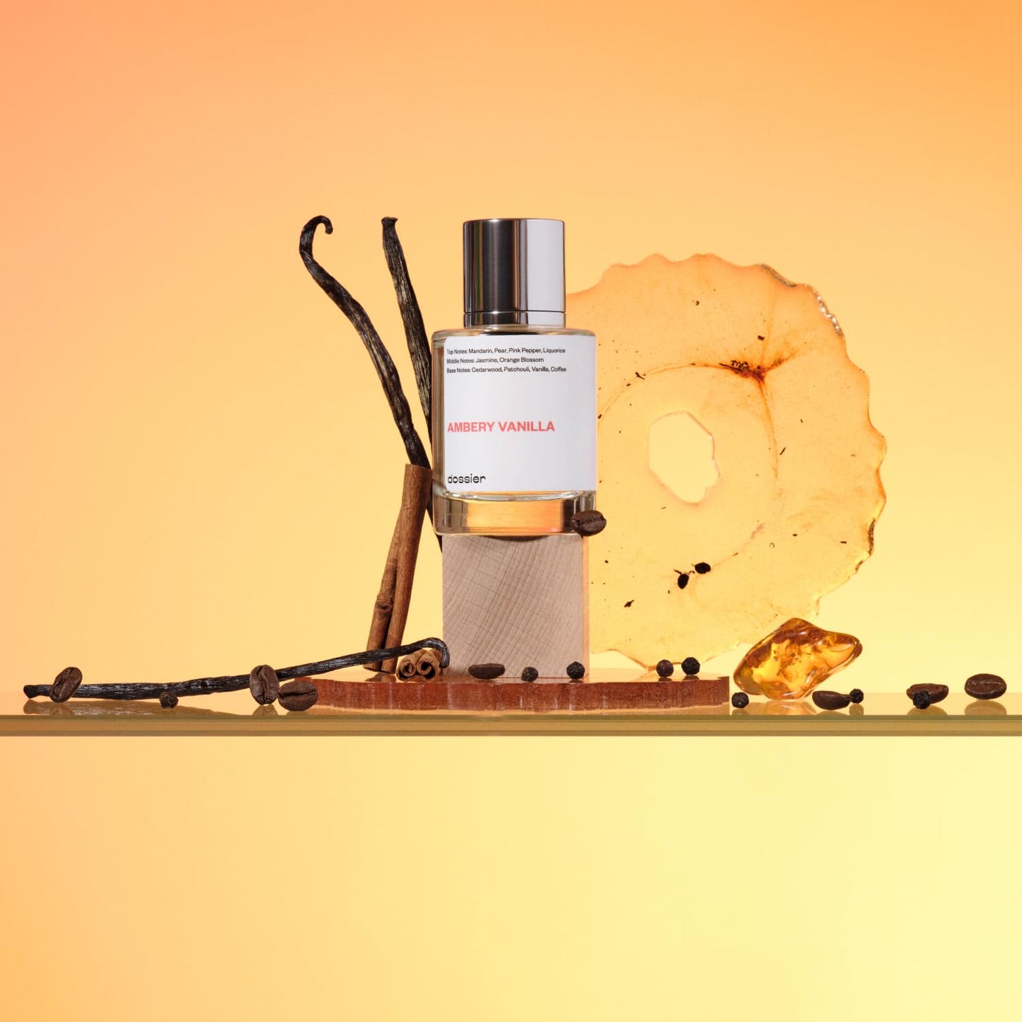 Dossier Ambery Vanilla luxury vanilla and coffee inspired perfume bottle on minimalist background