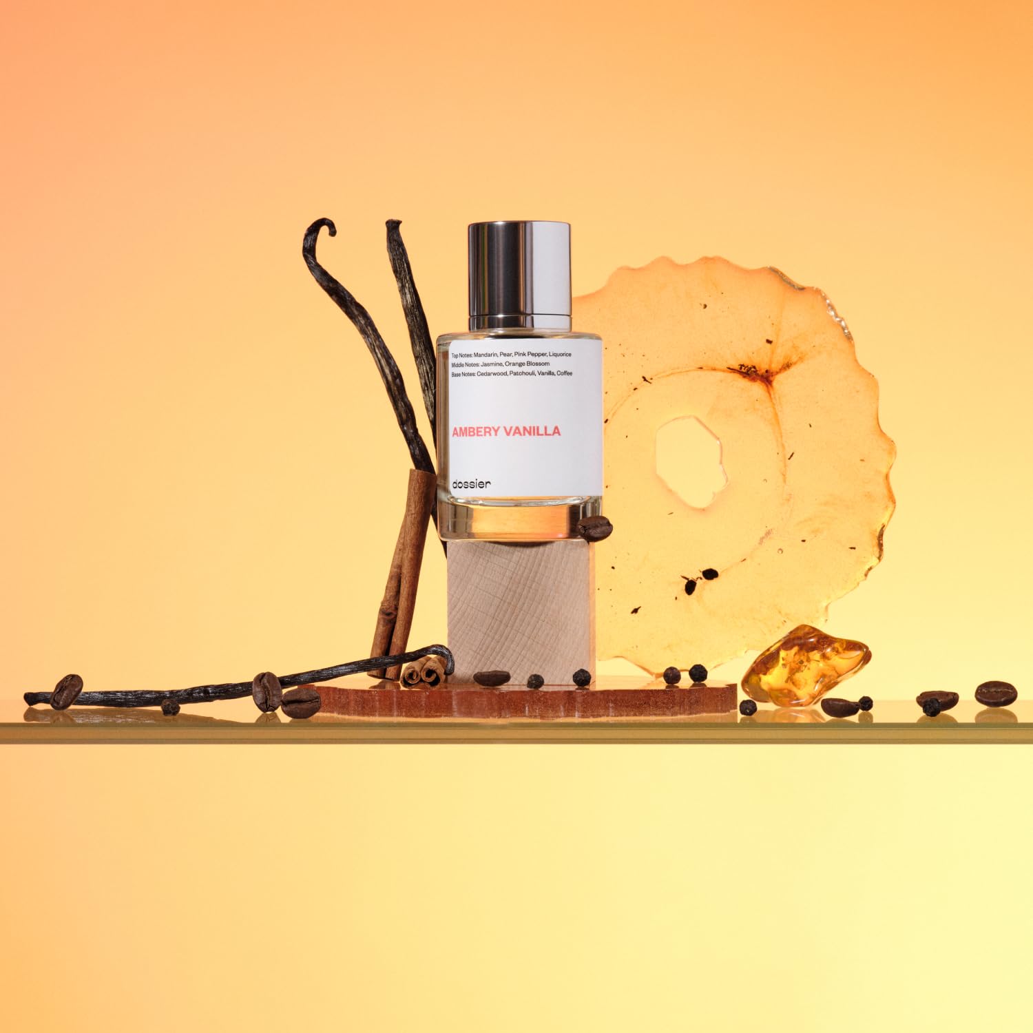 Dossier Ambery Vanilla luxury vanilla and coffee inspired perfume bottle on minimalist background