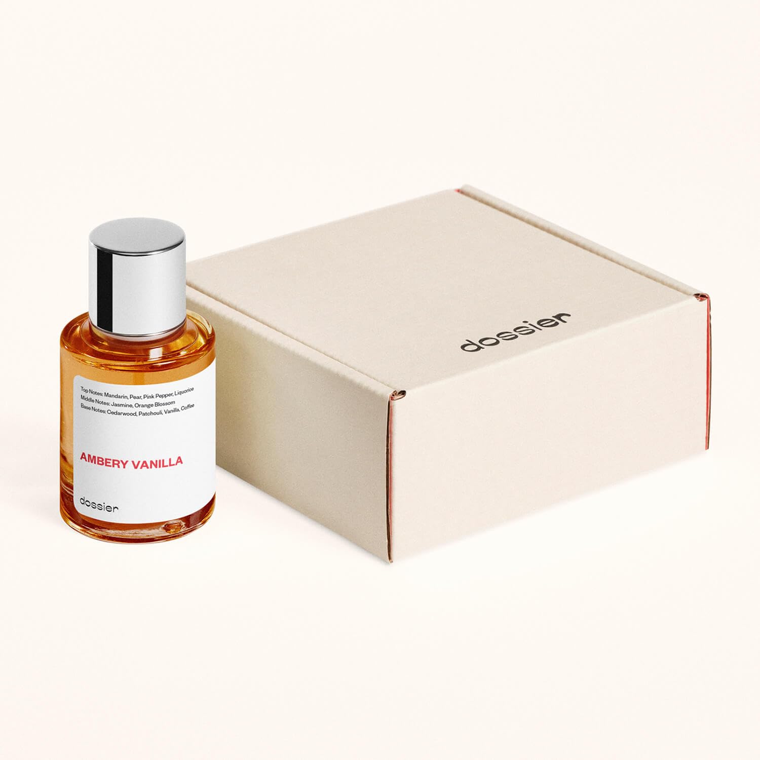 Dossier Ambery Vanilla vegan and cruelty free perfume bottle side angle view showing formulation purity