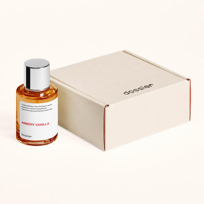 Dossier Ambery Vanilla vegan and cruelty free perfume bottle side angle view showing formulation purity