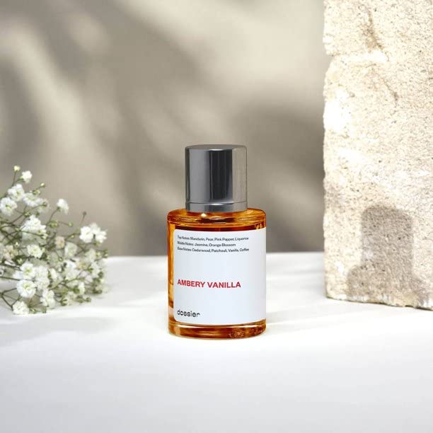 Dossier Ambery Vanilla premium imported eau de parfum lifestyle display highlighting clear liquid profile