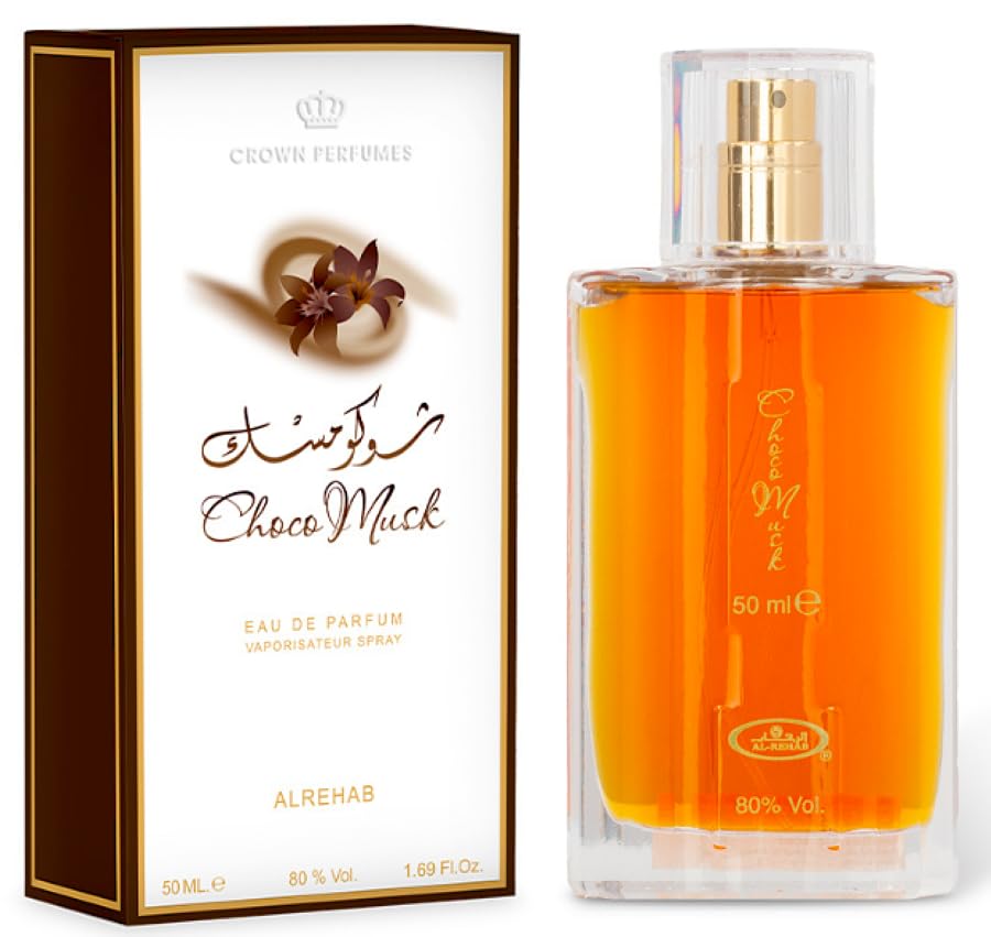 Authentic Arabian imported Choco Musk perfume spray by Al-Rehab displaying the brand holographic authenticity seal.